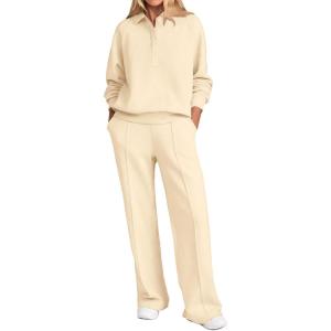 PRETTYGARDEN Women Fall 2 Piece Outfits Sweatsuits Quarter Button Long Sleeve Sweatshirt Wide Leg Pants Tracksuit Lounge Sets(Beige)