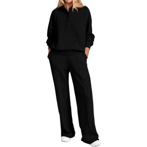 PRETTYGARDEN Women Fall 2 Piece Outfits Sweatsuits Quarter Button Long Sleeve Sweatshirt Wide Leg Pants Tracksuit Lounge Sets(Black)
