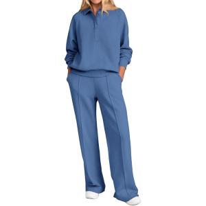 PRETTYGARDEN Women Fall 2 Piece Outfits Sweatsuits Quarter Button Long Sleeve Sweatshirt Wide Leg Pants Tracksuit Lounge Sets(Blue)