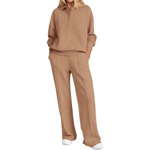 PRETTYGARDEN Women Fall 2 Piece Outfits Sweatsuits Quarter Button Long Sleeve Sweatshirt Wide Leg Pants Tracksuit Lounge Sets(Camel)