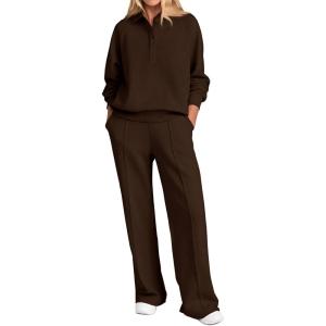 PRETTYGARDEN Women Fall 2 Piece Outfits Sweatsuits Quarter Button Long Sleeve Sweatshirt Wide Leg Pants Tracksuit Lounge Sets(Dark Brown)