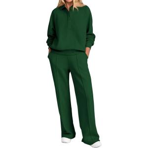PRETTYGARDEN Women Fall 2 Piece Outfits Sweatsuits Quarter Button Long Sleeve Sweatshirt Wide Leg Pants Tracksuit Lounge Sets(Dark Green)