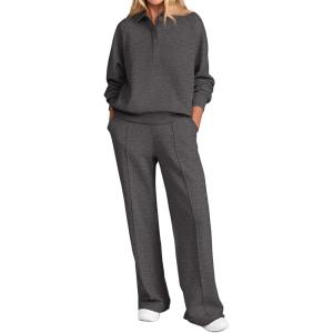 PRETTYGARDEN Women Fall 2 Piece Outfits Sweatsuits Quarter Button Long Sleeve Sweatshirt Wide Leg Pants Tracksuit Lounge Sets(Dark Grey)