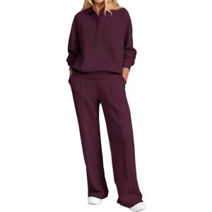 PRETTYGARDEN Women Fall 2 Piece Outfits Sweatsuits Quarter Button Long Sleeve Sweatshirt Wide Leg Pants Tracksuit Lounge Sets(Dark Wine Red)