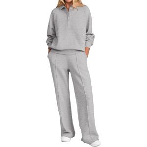 PRETTYGARDEN Women Fall 2 Piece Outfits Sweatsuits Quarter Button Long Sleeve Sweatshirt Wide Leg Pants Tracksuit Lounge Sets(Light Grey)