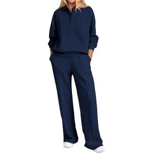 PRETTYGARDEN Women Fall 2 Piece Outfits Sweatsuits Quarter Button Long Sleeve Sweatshirt Wide Leg Pants Tracksuit Lounge Sets(Navy)
