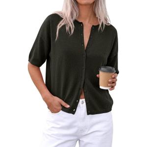 PRETTYGARDEN Women Spring Short Sleeve Cardigan Sweaters Button Down Knit Shirt Blouse Dressy Casual Tops 2026 Summer Outfits(Army Green)