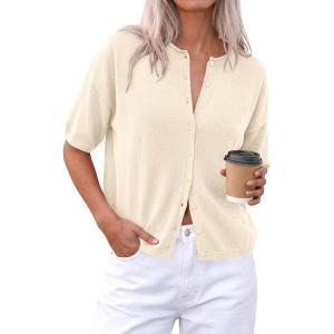 PRETTYGARDEN Women Spring Short Sleeve Cardigan Sweaters Button Down Knit Shirt Blouse Dressy Casual Tops 2026 Summer Outfits(Beige)