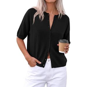 PRETTYGARDEN Women Spring Short Sleeve Cardigan Sweaters Button Down Knit Shirt Blouse Dressy Casual Tops 2026 Summer Outfits(Black)