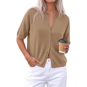 PRETTYGARDEN Women Spring Short Sleeve Cardigan Sweaters Button Down Knit Shirt Blouse Dressy Casual Tops 2026 Summer Outfits(Khaki)