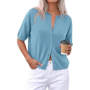 PRETTYGARDEN Women Spring Short Sleeve Cardigan Sweaters Button Down Knit Shirt Blouse Dressy Casual Tops 2026 Summer Outfits(Light Blue)