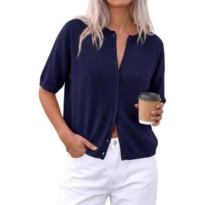 PRETTYGARDEN Women Spring Short Sleeve Cardigan Sweaters Button Down Knit Shirt Blouse Dressy Casual Tops 2026 Summer Outfits(Navy Blue)