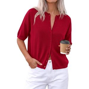 PRETTYGARDEN Women Spring Short Sleeve Cardigan Sweaters Button Down Knit Shirt Blouse Dressy Casual Tops 2026 Summer Outfits(Red)