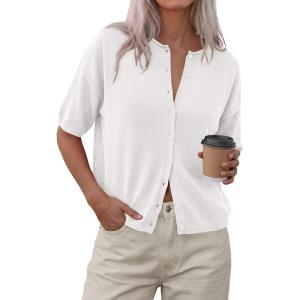 PRETTYGARDEN Women Spring Short Sleeve Cardigan Sweaters Button Down Knit Shirt Blouse Dressy Casual Tops 2026 Summer Outfits(White)