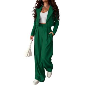 PRETTYGARDEN Women’s 2 Piece Casual Outfits Cropped Blazer Jackets High Waisted Wide Leg Work Pants Suit Set(Green)