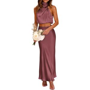 PRETTYGARDEN Women’s 2 Piece Satin Outfits Summer Sleeveless Mock Neck Crop Tops and Long Skirt Dress Sets(Brick Red)