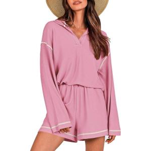 PRETTYGARDEN Women’s 2024 Fall Two Piece Outfits Lounge Sets Tracksuit Long Sleeve Lapel Shirts Tops And Shorts With Pockets (Pink,Small)