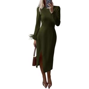 PRETTYGARDEN Women’s 2025 Fall Long Sleeve Dress Formal Midi Bodycon Wrap Slit Feather Elegant Wedding Guest Cocktail Dresses(Army Green)