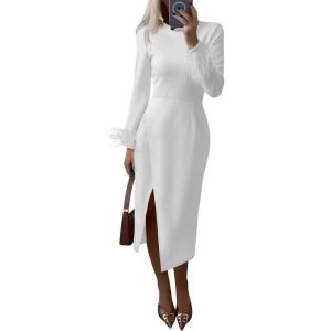PRETTYGARDEN Women’s 2025 Fall Long Sleeve Dress Formal Midi Bodycon Wrap Slit Feather Elegant Wedding Guest Cocktail Dresses(Beige White)