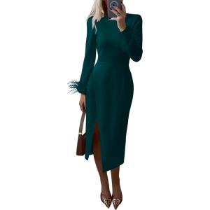 PRETTYGARDEN Women’s 2025 Fall Long Sleeve Dress Formal Midi Bodycon Wrap Slit Feather Elegant Wedding Guest Cocktail Dresses(Dark Green)