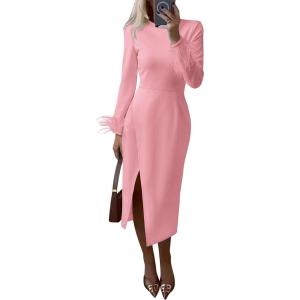 PRETTYGARDEN Women’s 2025 Fall Long Sleeve Dress Formal Midi Bodycon Wrap Slit Feather Elegant Wedding Guest Cocktail Dresses(Pink)