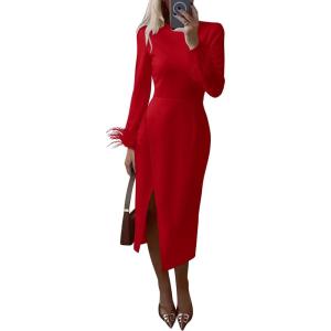 PRETTYGARDEN Women’s 2025 Fall Long Sleeve Dress Formal Midi Bodycon Wrap Slit Feather Elegant Wedding Guest Cocktail Dresses(Red)