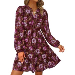 PRETTYGARDEN Women’s Fall Boho Dresses 2026 Floral Long Sleeve V Neck Mini Flowy Wedding Guest Dress Trendy Vacation Outfits(Brown)