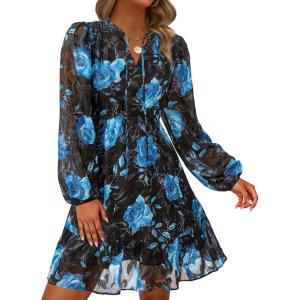 PRETTYGARDEN Women’s Fall Boho Dresses 2026 Floral Long Sleeve V Neck Mini Flowy Wedding Guest Dress Trendy Vacation Outfits(Floral Black Blue)