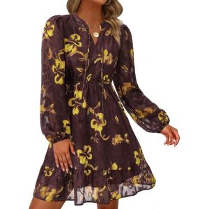 PRETTYGARDEN Women’s Fall Boho Dresses 2026 Floral Long Sleeve V Neck Mini Flowy Wedding Guest Dress Trendy Vacation Outfits(Floral Brown Yellow)