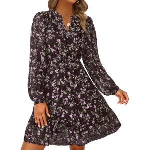 PRETTYGARDEN Women’s Fall Boho Dresses 2026 Floral Long Sleeve V Neck Mini Flowy Wedding Guest Dress Trendy Vacation Outfits(Floral Coffee)