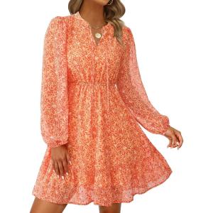PRETTYGARDEN Women’s Fall Boho Dresses 2026 Floral Long Sleeve V Neck Mini Flowy Wedding Guest Dress Trendy Vacation Outfits(Floral Orange Red)