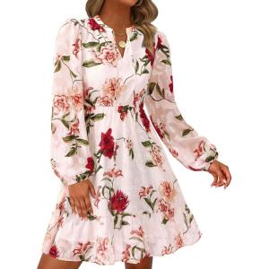 PRETTYGARDEN Women’s Fall Boho Dresses 2026 Floral Long Sleeve V Neck Mini Flowy Wedding Guest Dress Trendy Vacation Outfits(Floral Pink Multicolored)