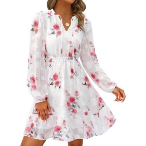 PRETTYGARDEN Women’s Fall Boho Dresses 2026 Floral Long Sleeve V Neck Mini Flowy Wedding Guest Dress Trendy Vacation Outfits(Floral White Red)