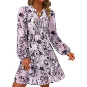 PRETTYGARDEN Women’s Fall Boho Dresses 2026 Floral Long Sleeve V Neck Mini Flowy Wedding Guest Dress Trendy Vacation Outfits(Leopard Purple Black)
