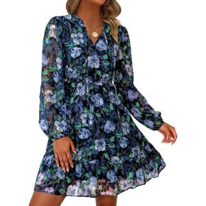PRETTYGARDEN Women’s Fall Boho Dresses 2026 Floral Long Sleeve V Neck Mini Flowy Wedding Guest Dress Trendy Vacation Outfits(Navy Blue)