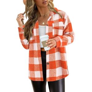 PRETTYGARDEN Women’s Fall Clothes Plaid Shacket Jacket Trendy Casual Long Sleeve Button Down Flannel Shirts Fashion Blouse(Plaid Orange White)
