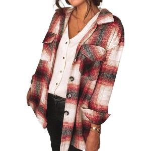 PRETTYGARDEN Women’s Fall Clothes Plaid Shacket Jacket Trendy Casual Long Sleeve Button Down Flannel Shirts Fashion Blouse(Red)