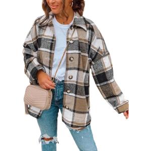 PRETTYGARDEN Women’s Fall Clothes Plaid Shacket Jacket Trendy Casual Long Sleeve Button Down Flannel Shirts Fashion Blouse(Yellow)