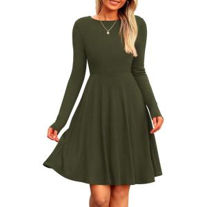 PRETTYGARDEN Women’s Fall Short Dress Ribbed Knit Crewneck Long Sleeve A Line Flowy Casual Elegant Going Out Winter Dresses(Army Green)