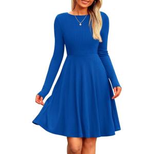 PRETTYGARDEN Women’s Fall Short Dress Ribbed Knit Crewneck Long Sleeve A Line Flowy Casual Elegant Going Out Winter Dresses(Blue)