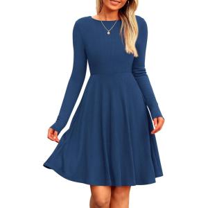 PRETTYGARDEN Women’s Fall Short Dress Ribbed Knit Crewneck Long Sleeve A Line Flowy Casual Elegant Going Out Winter Dresses(Dark Blue)