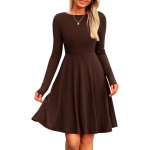 PRETTYGARDEN Women’s Fall Short Dress Ribbed Knit Crewneck Long Sleeve A Line Flowy Casual Elegant Going Out Winter Dresses(Dark Coffee)