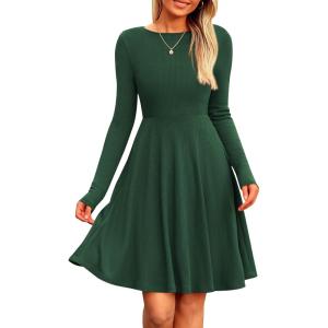 PRETTYGARDEN Women’s Fall Short Dress Ribbed Knit Crewneck Long Sleeve A Line Flowy Casual Elegant Going Out Winter Dresses(Dark Green)