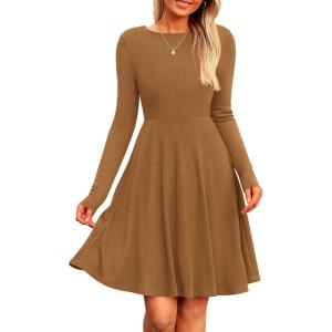 PRETTYGARDEN Women’s Fall Short Dress Ribbed Knit Crewneck Long Sleeve A Line Flowy Casual Elegant Going Out Winter Dresses(Dark Khaki)