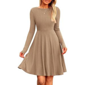 PRETTYGARDEN Women’s Fall Short Dress Ribbed Knit Crewneck Long Sleeve A Line Flowy Casual Elegant Going Out Winter Dresses(Khaki)