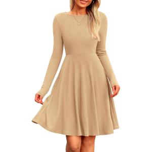 PRETTYGARDEN Women’s Fall Short Dress Ribbed Knit Crewneck Long Sleeve A Line Flowy Casual Elegant Going Out Winter Dresses(Light Apricot)