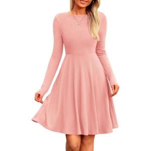 PRETTYGARDEN Women’s Fall Short Dress Ribbed Knit Crewneck Long Sleeve A Line Flowy Casual Elegant Going Out Winter Dresses(Pink)