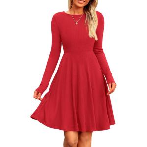 PRETTYGARDEN Women’s Fall Short Dress Ribbed Knit Crewneck Long Sleeve A Line Flowy Casual Elegant Going Out Winter Dresses(Red)
