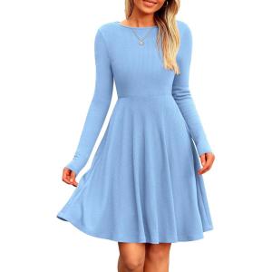 PRETTYGARDEN Women’s Fall Short Dress Ribbed Knit Crewneck Long Sleeve A Line Flowy Casual Elegant Going Out Winter Dresses(Sky Blue)