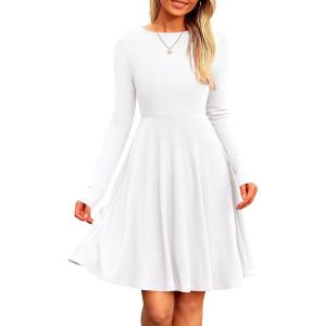 PRETTYGARDEN Women’s Fall Short Dress Ribbed Knit Crewneck Long Sleeve A Line Flowy Casual Elegant Going Out Winter Dresses(White)